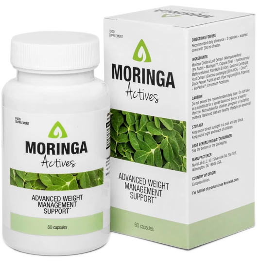 Envase de Moringa Actives, suplemento para el adelgazamiento